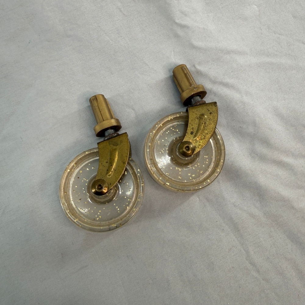 Vintage Gold Glitter Clear Acrylic Swivel Casters Brass Tone Wheels Set of 2